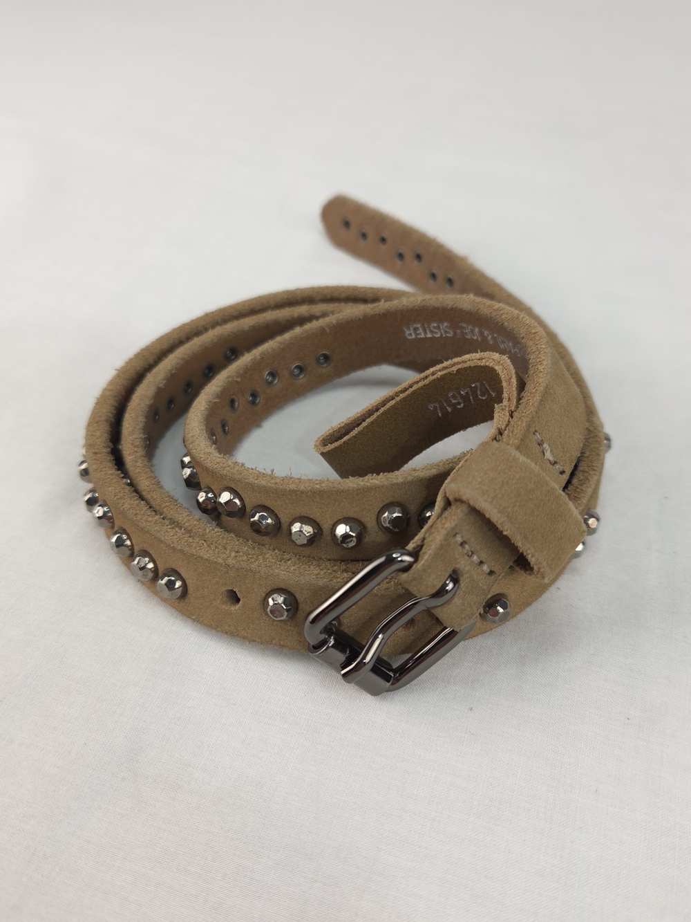 Slim Tan Suede Studded Women's Belt with Gunmetal Buckle